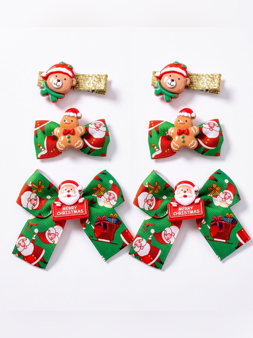 New BUNDLE 6 Christmas Hair Bows & Clips 6 Pieces Gingerbread Man Santa & Bear